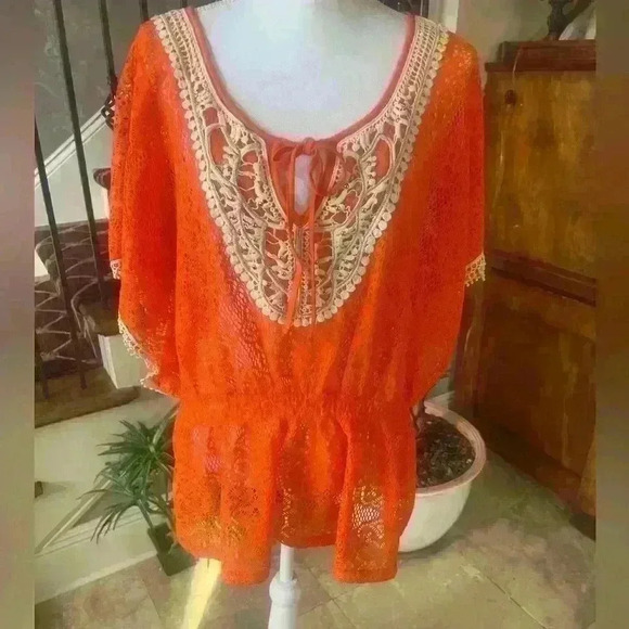 Lola B orange and cream swimsuit cover up. Silver studded in front. NWOT. Large. - Picture 5 of 13